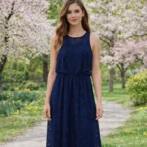 Kings Road Navy Lace Sleeveless Maxi Dress Elastic Stretch Waist Size XL